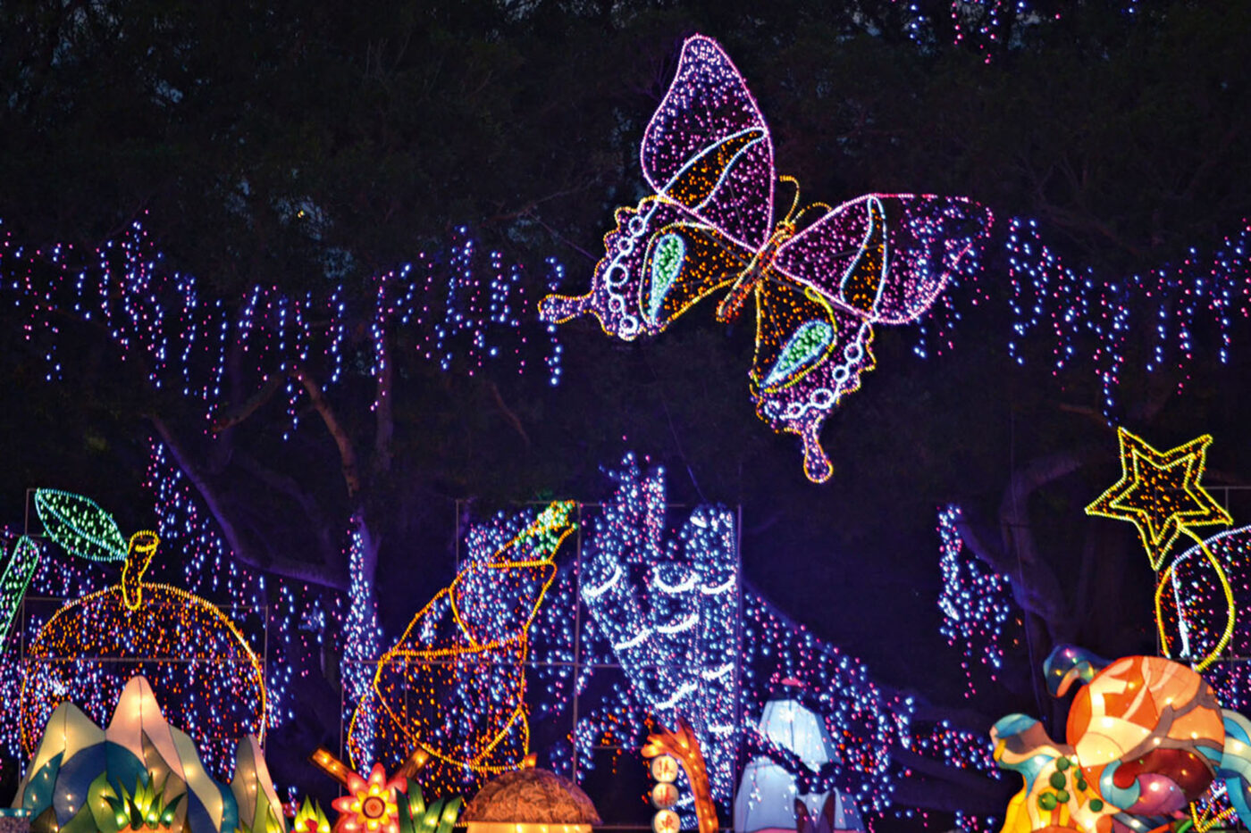 A big light show, including butterflies, stars and fruits.