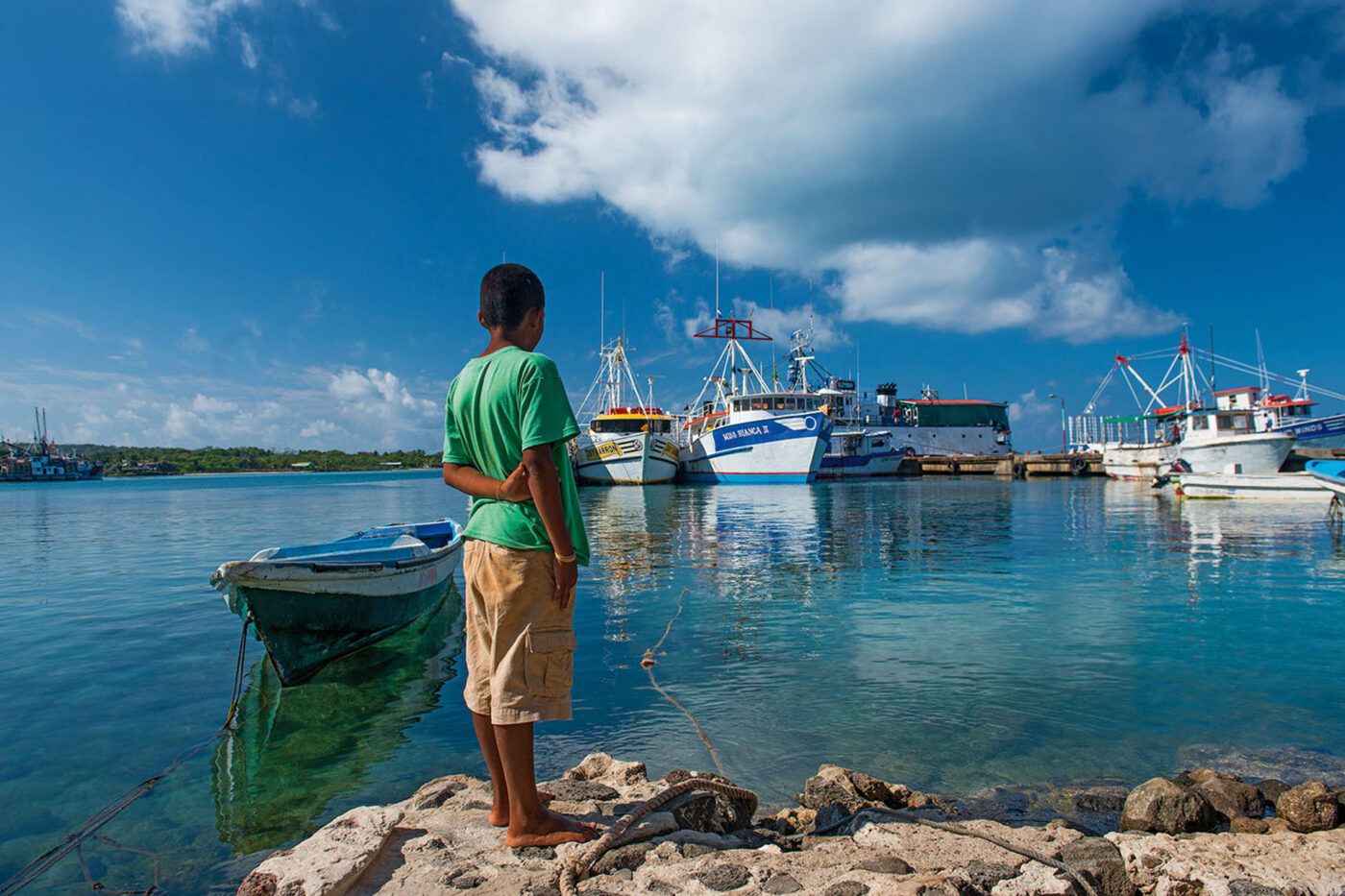 A young boy looking out to the water with 5 boats out in the distance.
