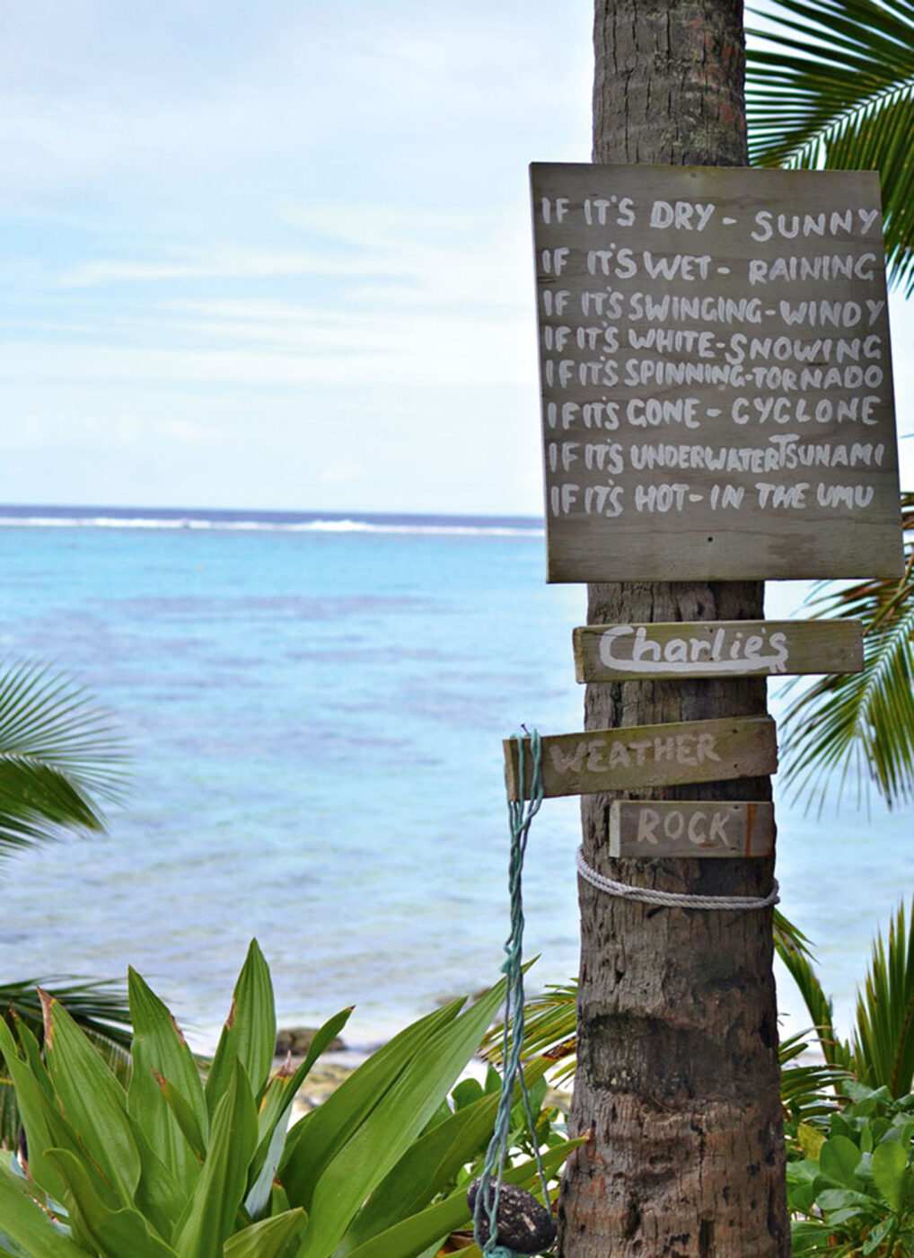 A sign in front of the water that reads 'If It's dry - sunny. If It's wet - raining. If it's swinging - windy. If It's white - snowing. If it's spinning - cyclone. If it's underwater - tsunami. If it's hot - in the umu.
Under this sign are three more signs that read 'Charlie's', 'weather' and 'rock'.