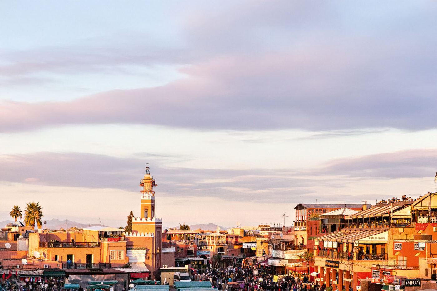 A landscape shot of the town at dusk.