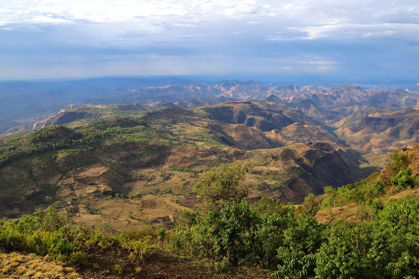 A drone landscape shot of the Simien Mountains