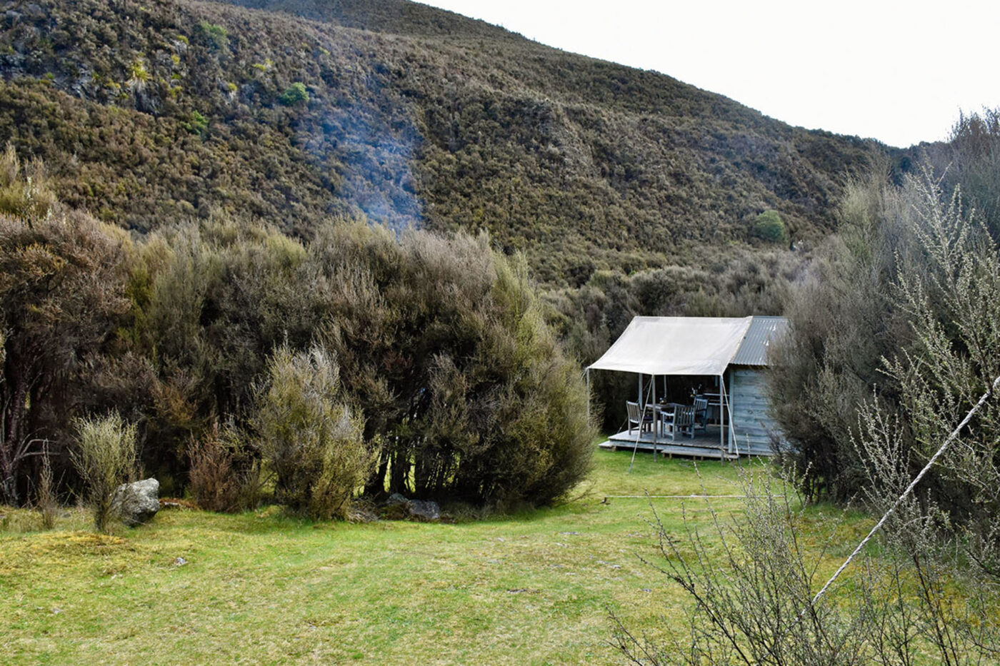 A cabin at the base of a hill, surrounded by trees and bushes.