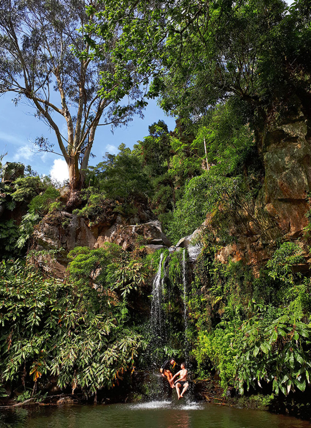 Two people bathing under a waterfall, with rich greenery above them.