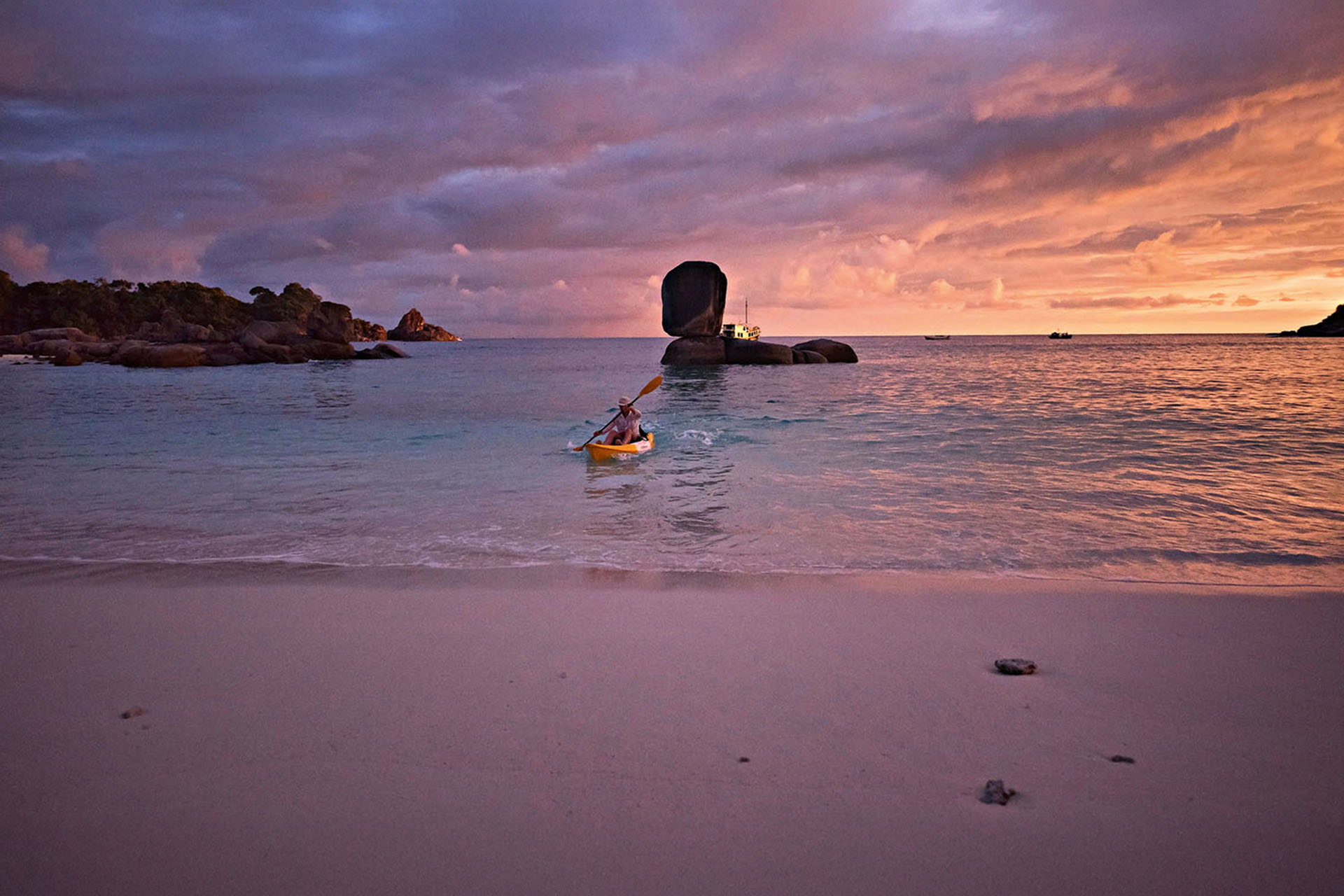Enjoying the quiet beach on Boulder Island with a sunset kayak.