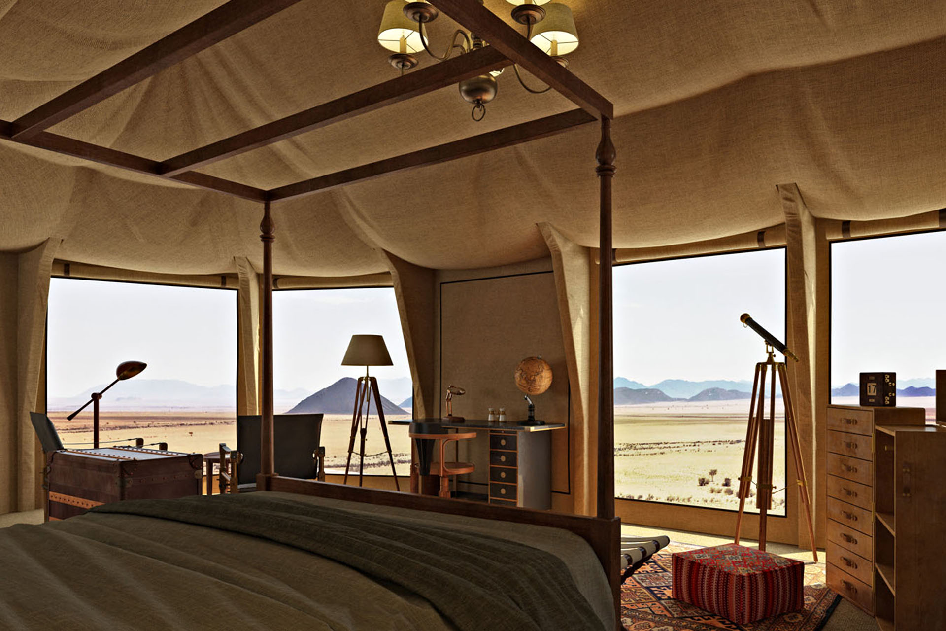 A glamping tent with a bed, desk, telescope and draws.