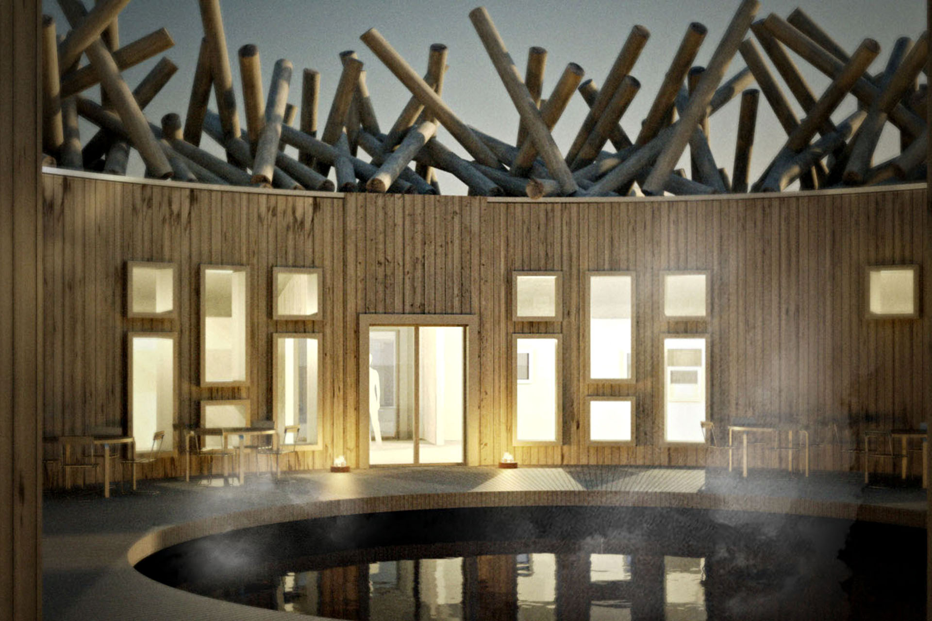 A spa with wooden walls and concrete floors. Above the walls are big trunks of wood arranged in a formation.