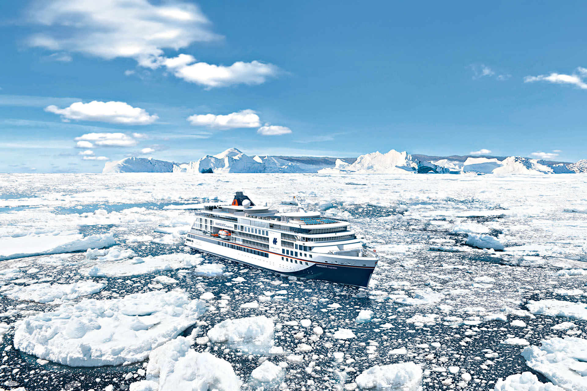 A big cruise going down water filled with chunks of ice.