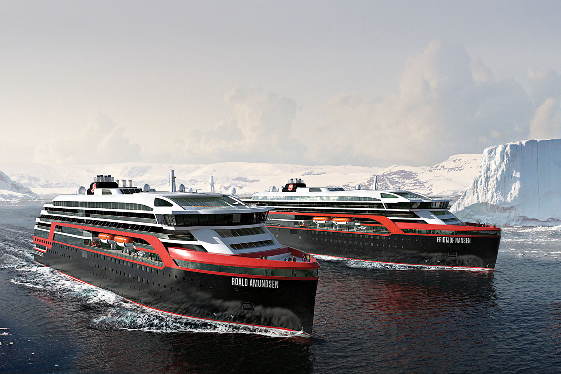Two big cruises sailing down the icy sea.