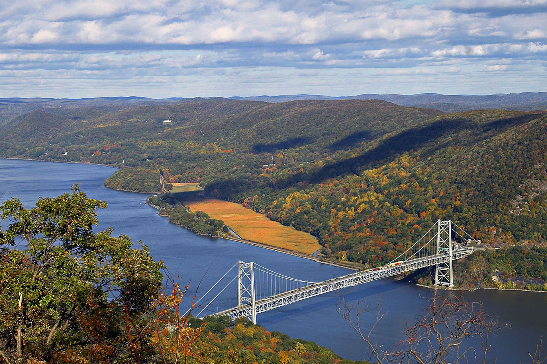 A view of a big bridge over the water, connecting two green landscapes.