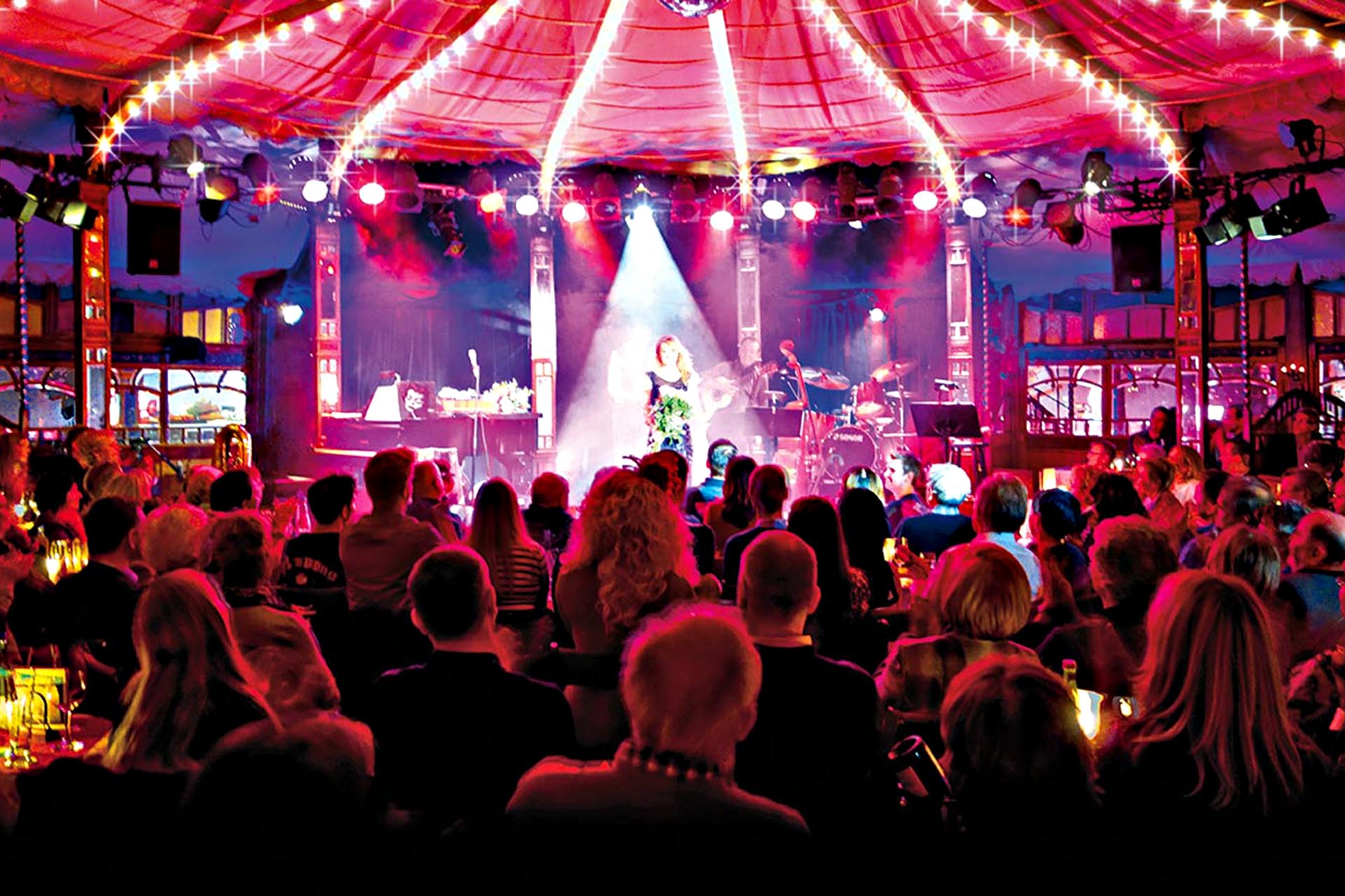 A big crowd of people watching a single woman on a stage, she is lit up with a spotlight.