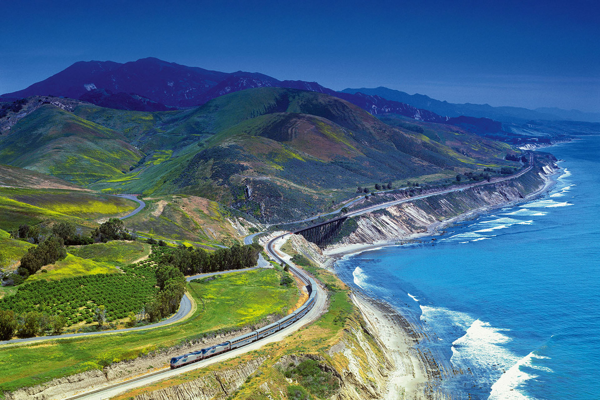 Train tracks on the coast, right next to the water.