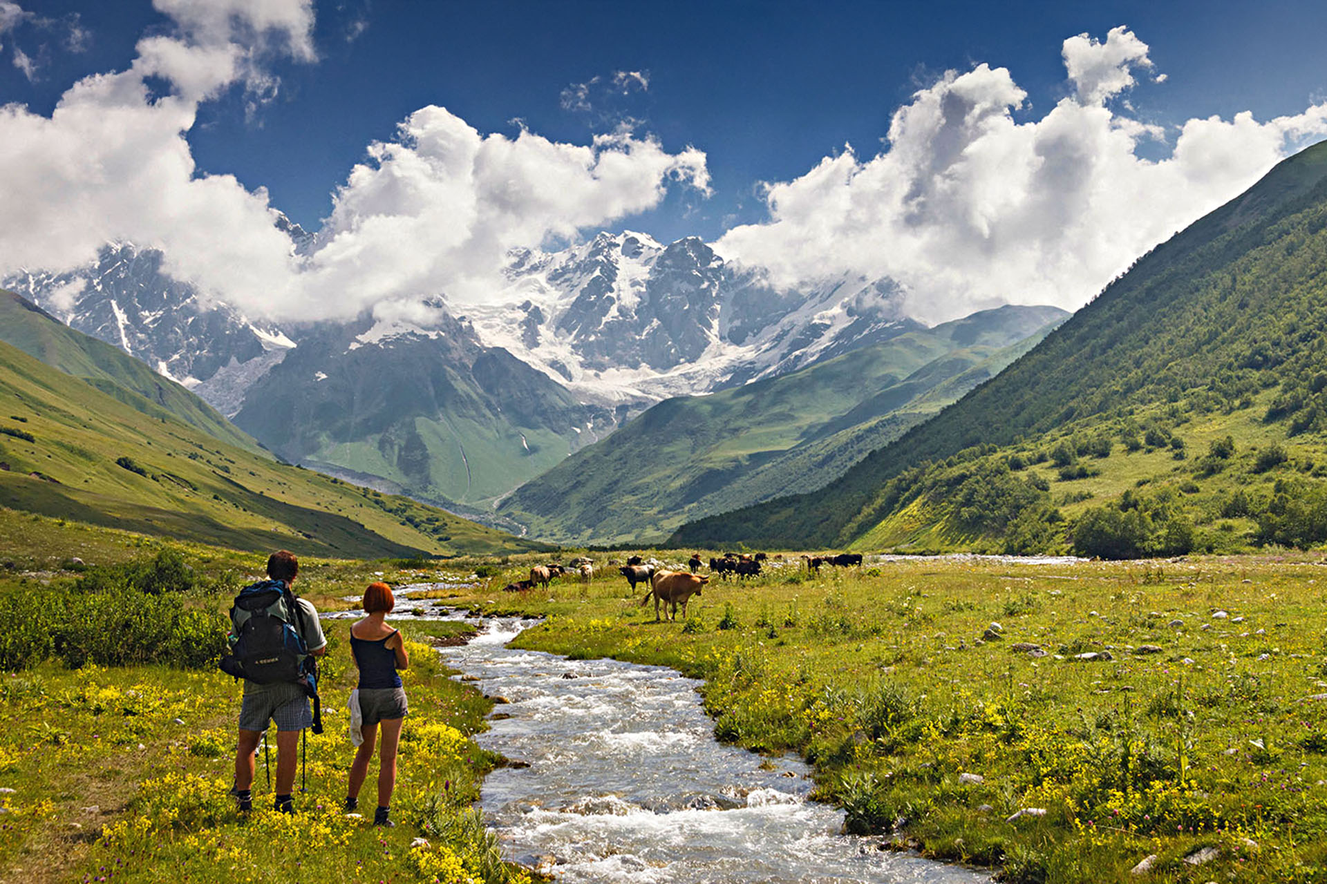Russian trekkers on their way to Shkara glacier. Svaneti, Georgia