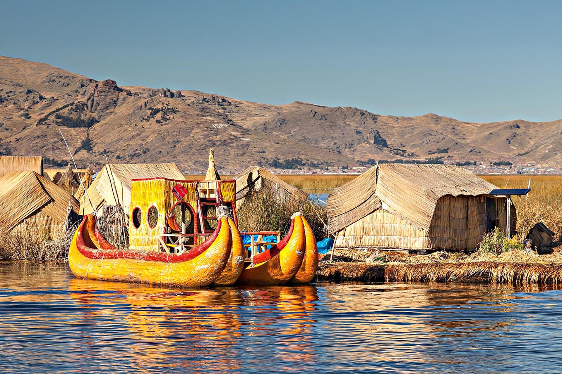 Reed boat on Island of Uros. Those are floating islands on lake Titicaca located between Peru and Bolivia.