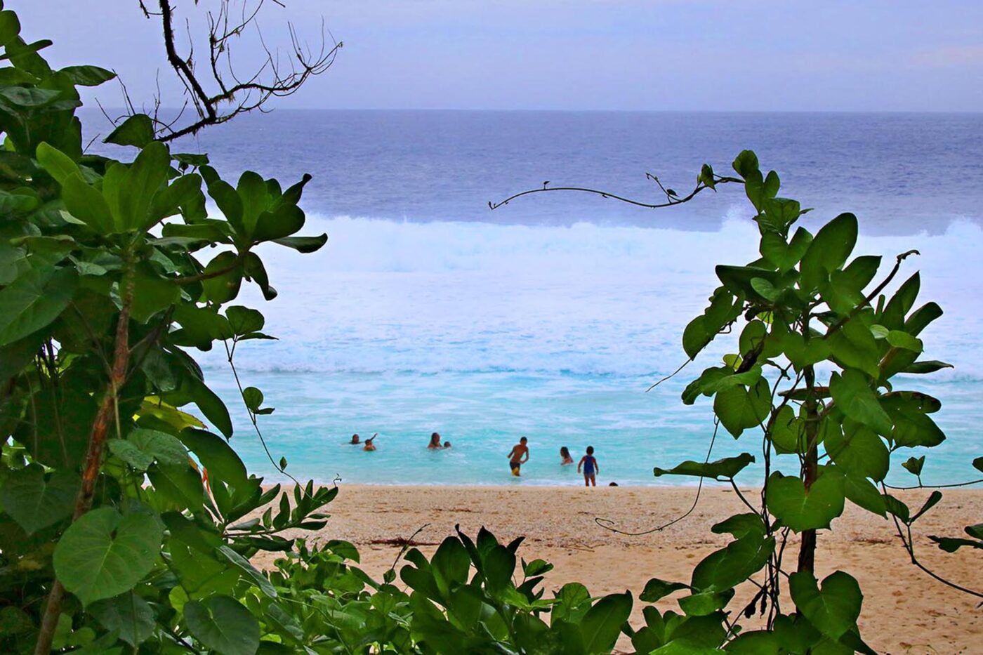 A family swimming in the light blue water at the beach.
