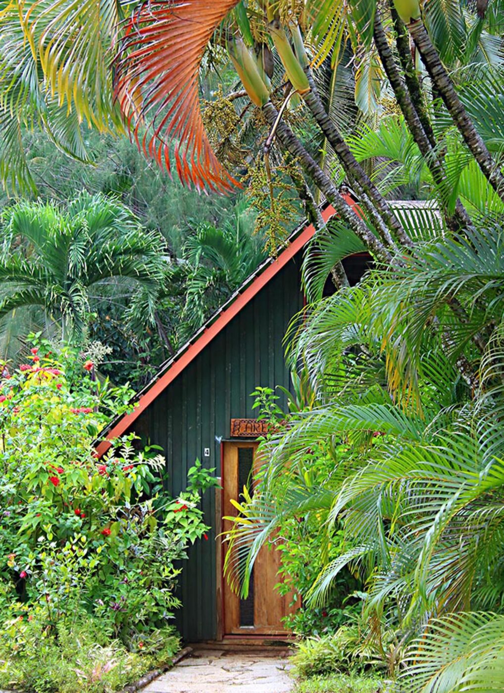 A little bungalow hidden behind shrubbery.