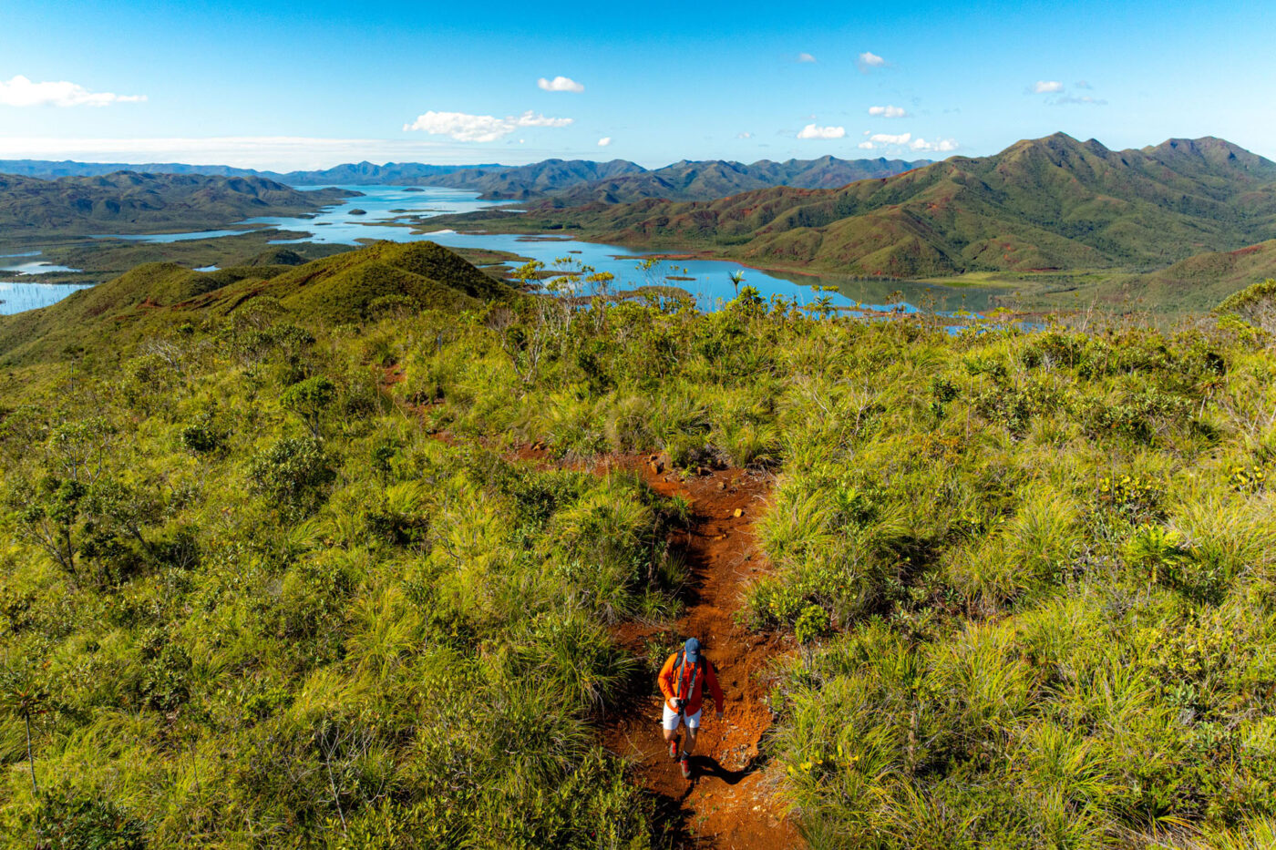 Somebody walking down an orange-brown dirt path with greenery all around them. Behind them, the vast ocean and a hilly landscape.