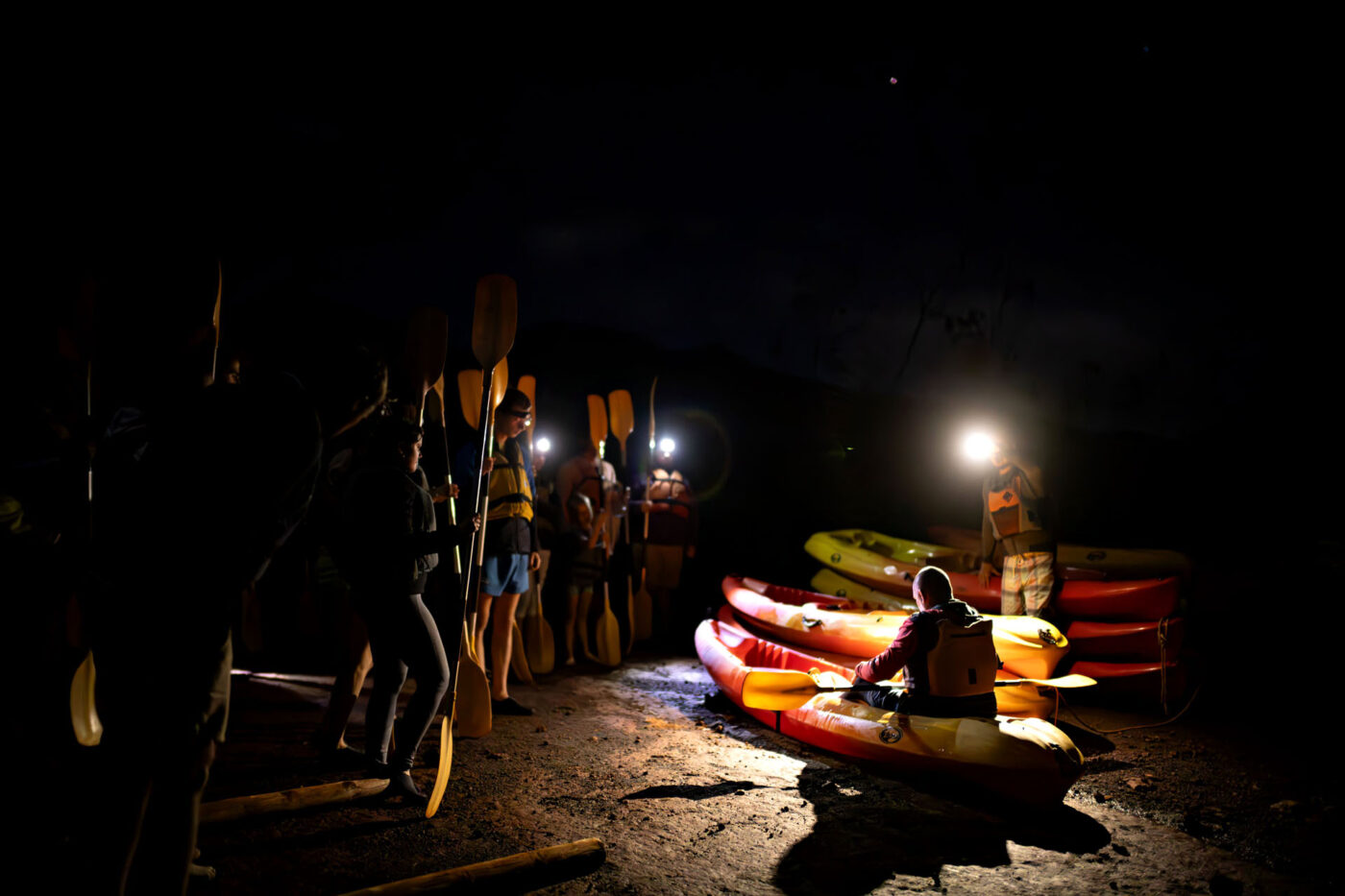 An instructor on a kayak on land showcasing to a group of people how to paddle.