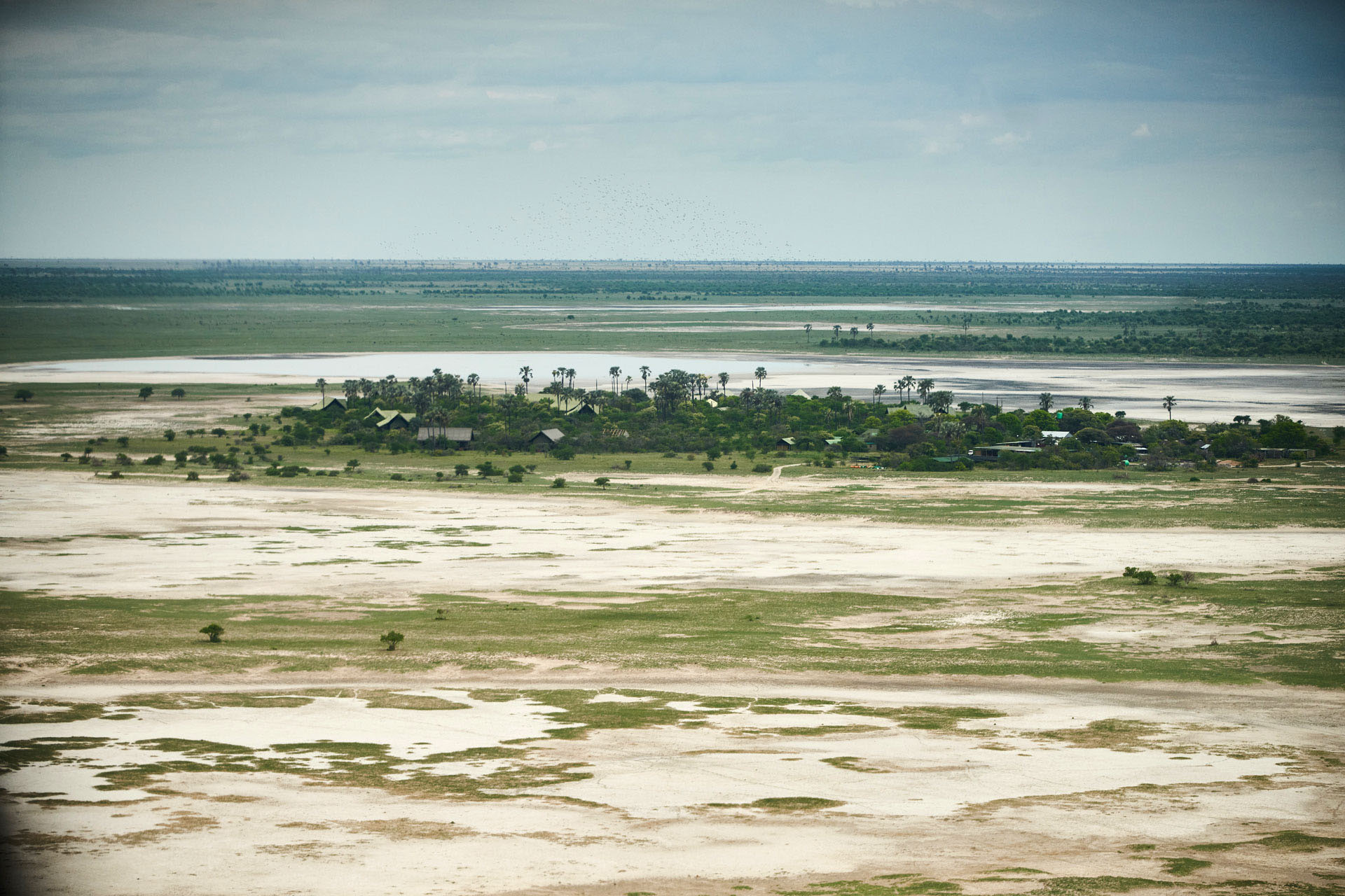 Camp surrounded by the vast Kalahari landscape in Botswana.