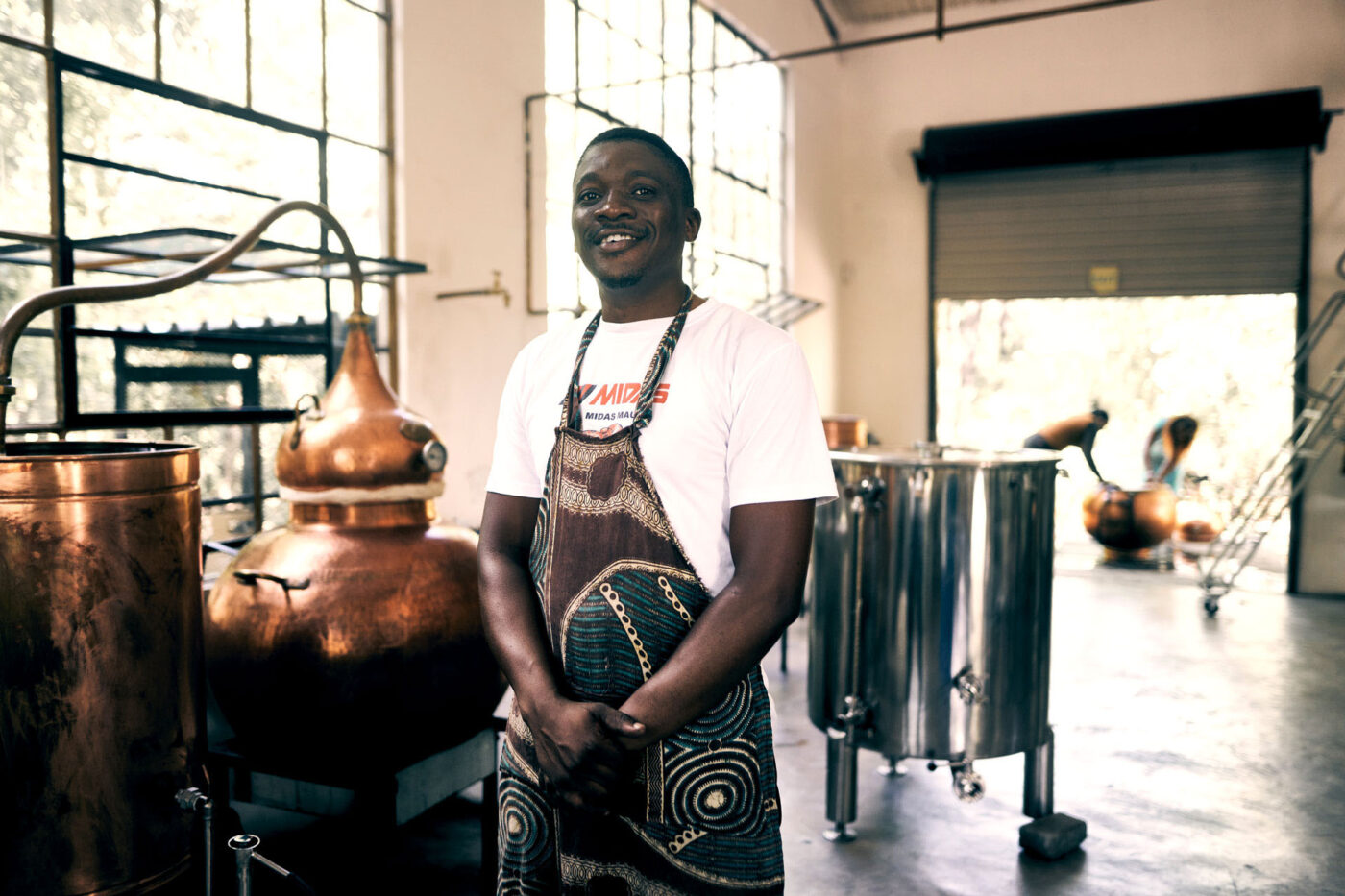 Botswana gin distiller inside the Okavango Gin distillery.