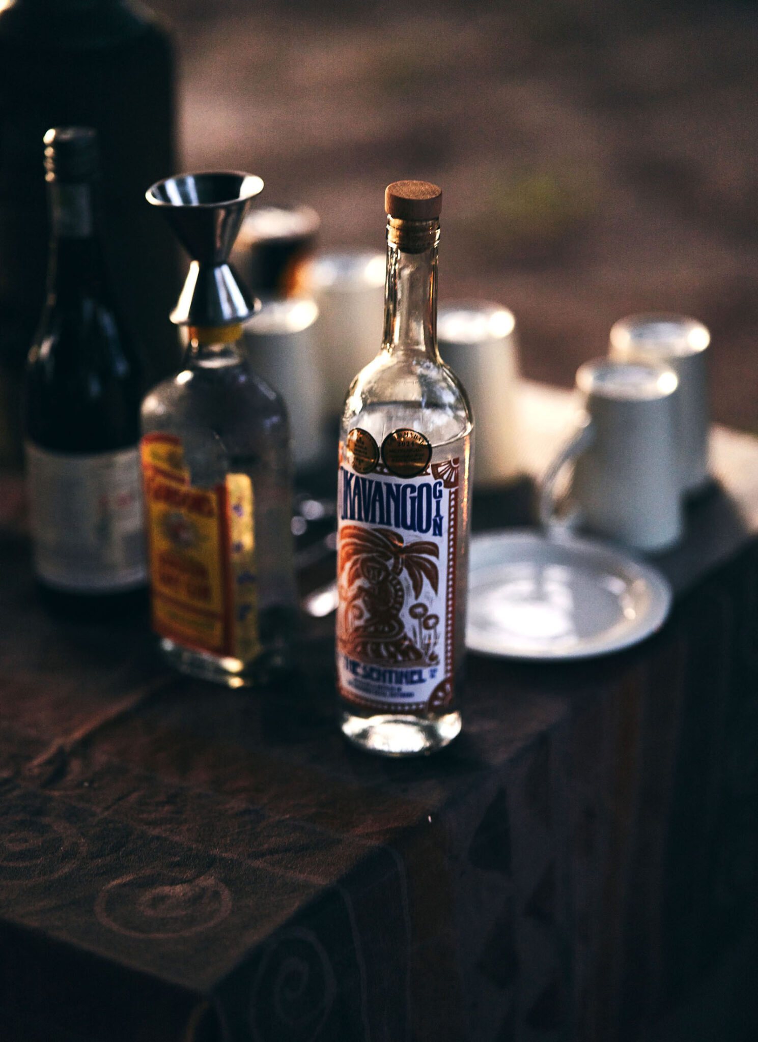 Bottle of Okavango Gin during a Botswana sundowner.
