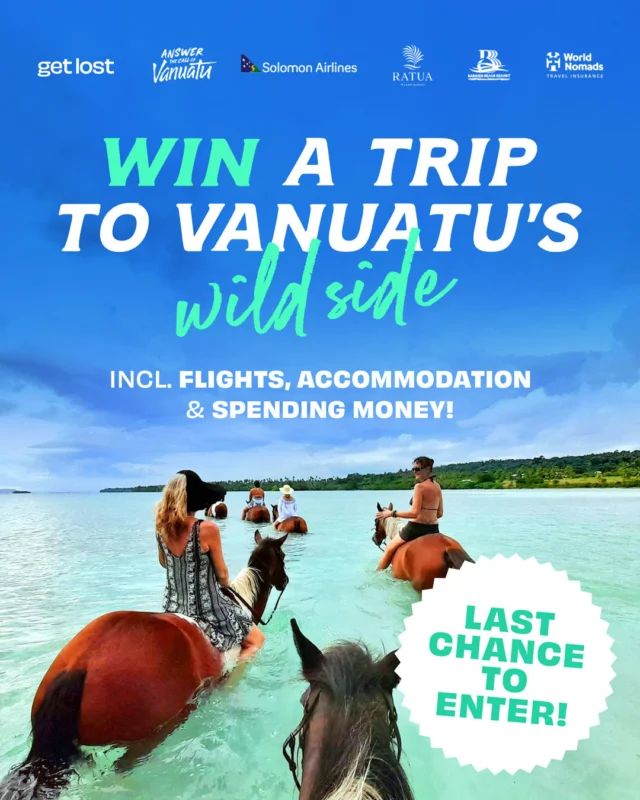 🔊 PSA: this is your LAST chance to enter our Vanuatu comp 💥⁠
⁠
One lucky winner (and their fave adventure buddy) will score return flights from Brisbane to Espiritu Santo, seven nights of island bliss and AU$1000 spending money 💸⁠
⁠
Entries are about to close, so don't be the person wishing you'd entered, like, yesterday 🙄⁠
⁠
Hit the link in our bio before it's too late 🔗